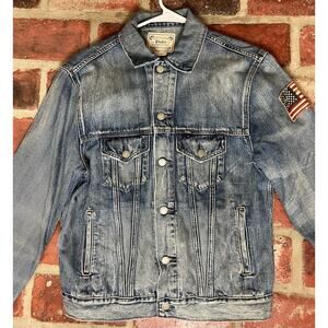 Polo Ralph Lauren Jacket Denim Jean Trucker USA American Flag Patch Size Small